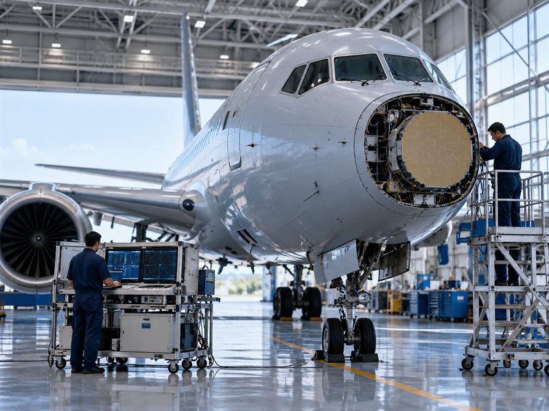 Aircraft and avionics inspection equipment in an aerospace hangar