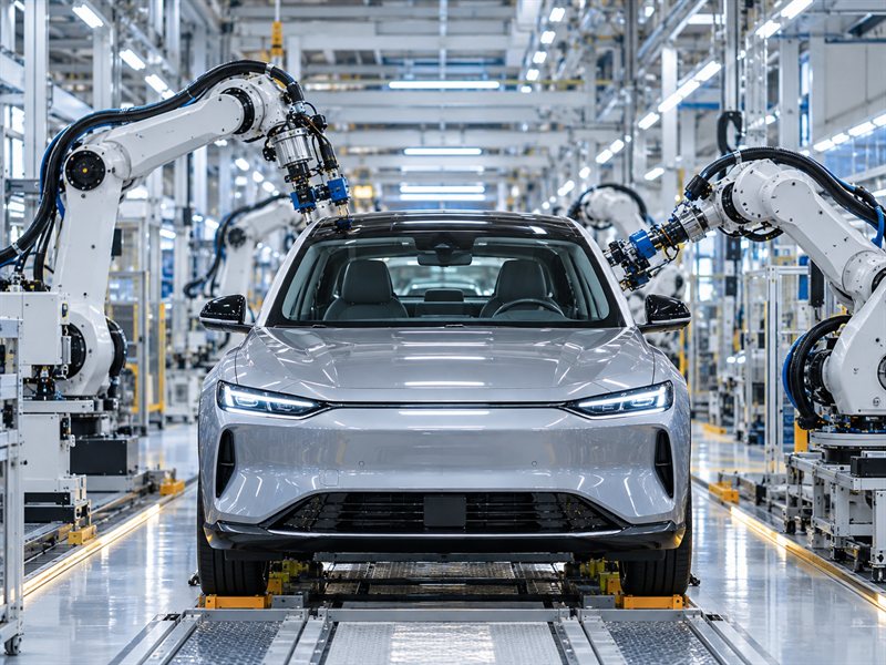 Electric car on a modern automobile assembly line